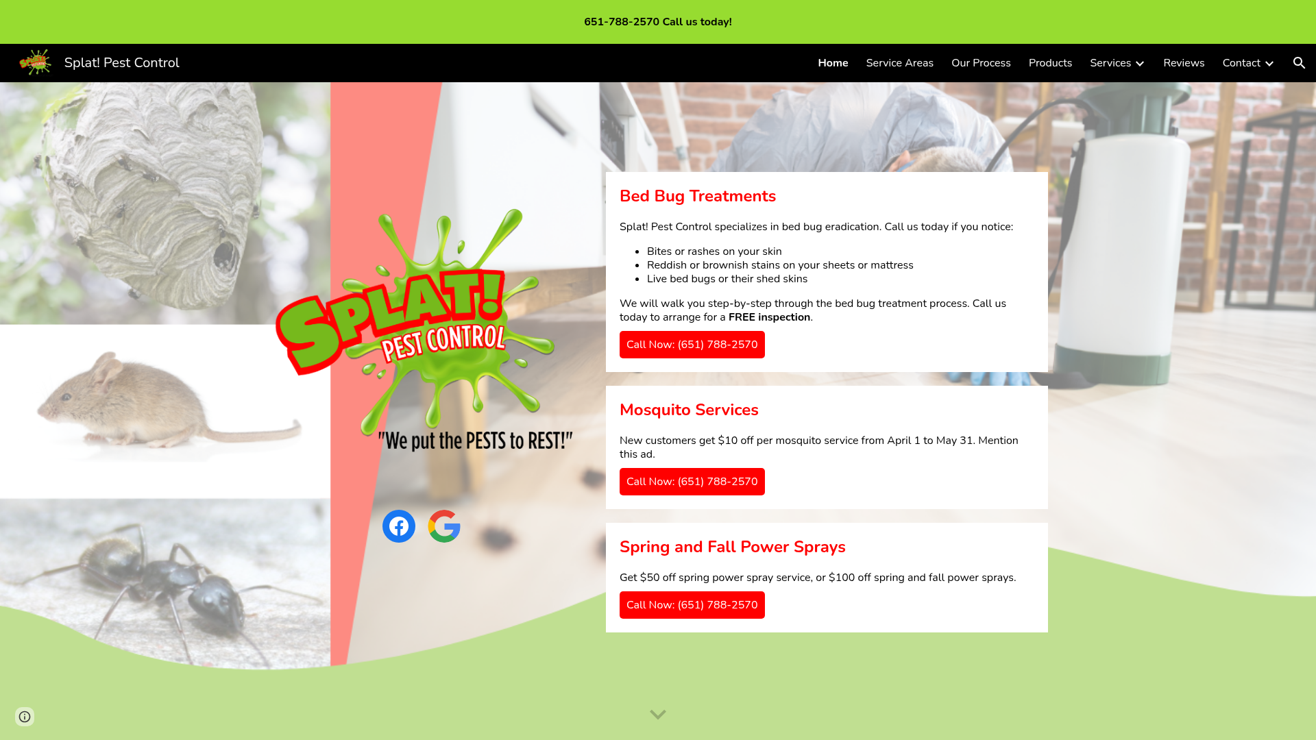 Splat! Pest Control old website — outdated Google Sites layout